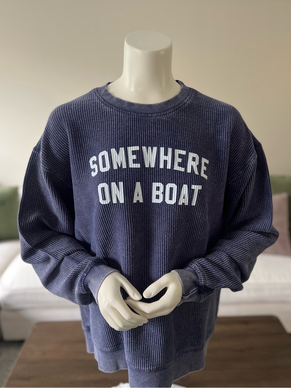 Ivy + Cloth Navy Oversized Corded Crew Sweatshirt Boat Life Lake Life
